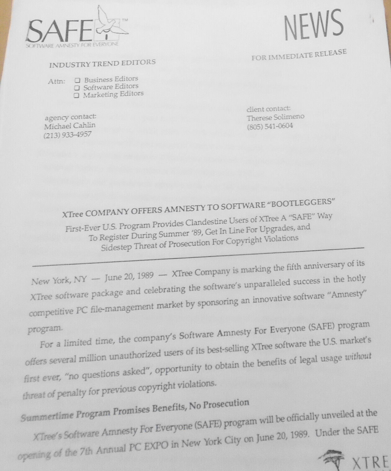 1989 Software Amnesty For Everyone (SAFE). XTree Company program for Bootleggers