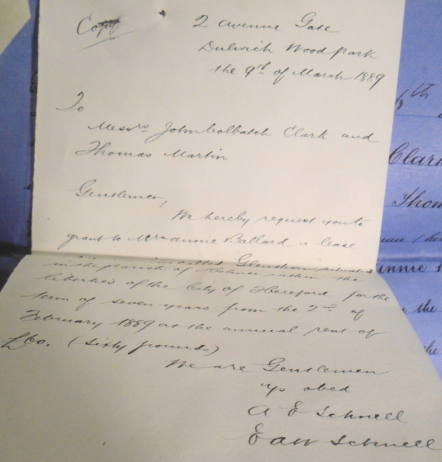 1889 Lease indenture. Hereford, England. Clark and Martin to Mrs. Annie Ballard.