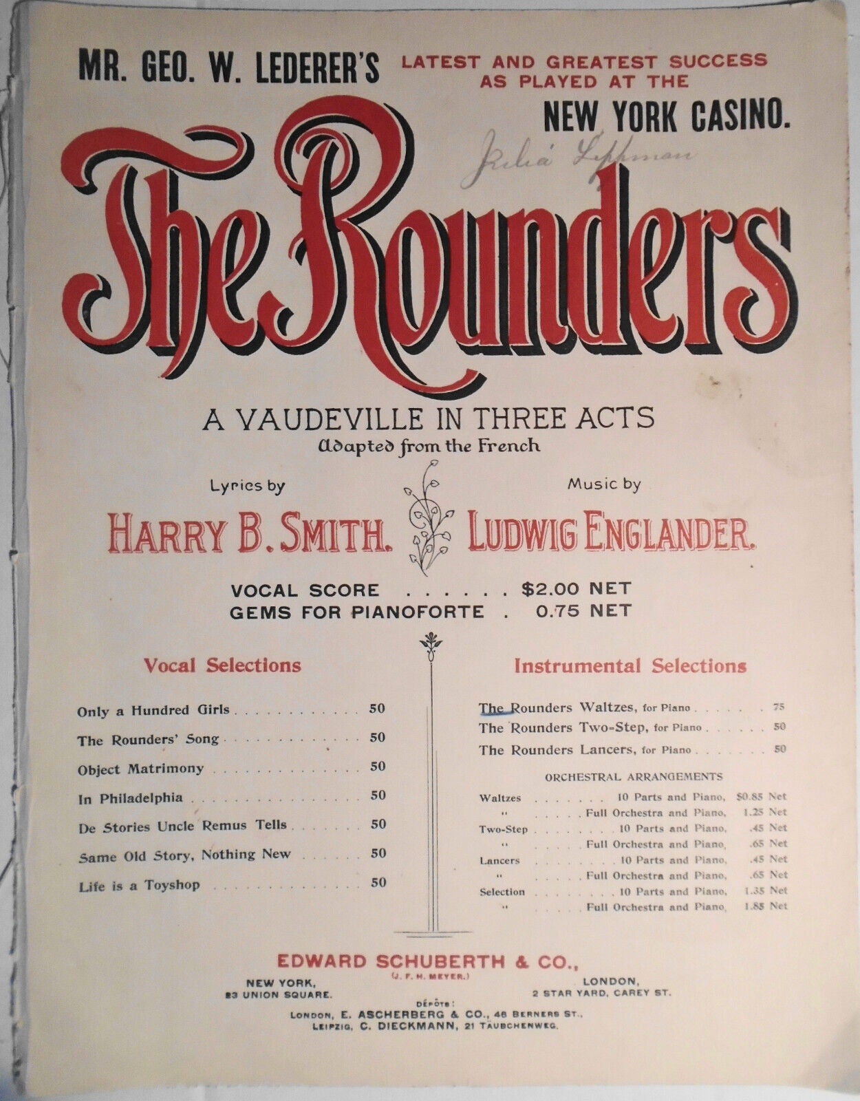 The Rounders - Lyrics by Harry B. Smith, Music by Ludwig Englander. 1899