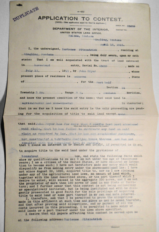 [Homestead Law] 1915 Application to Contest Department of the Interior Helena MT