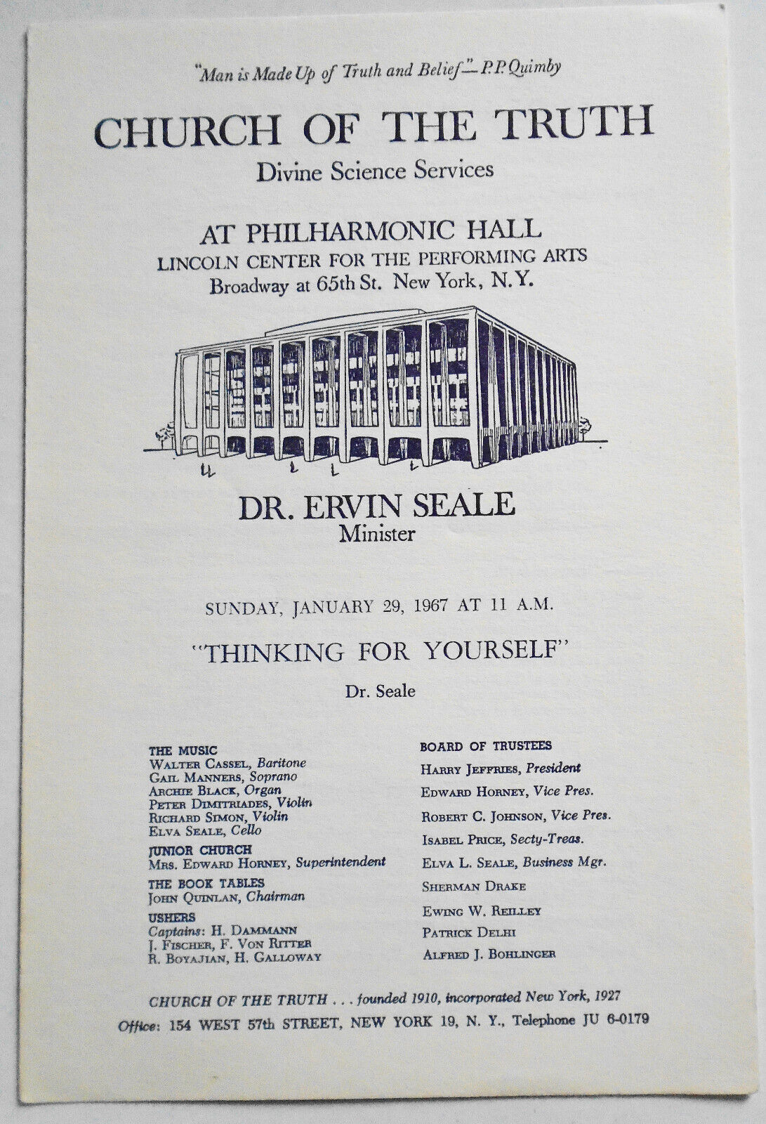 Dr. Ervin Seale - Church Of The Truth -  3 Programs, 1967-68 Lincoln Center, NYC
