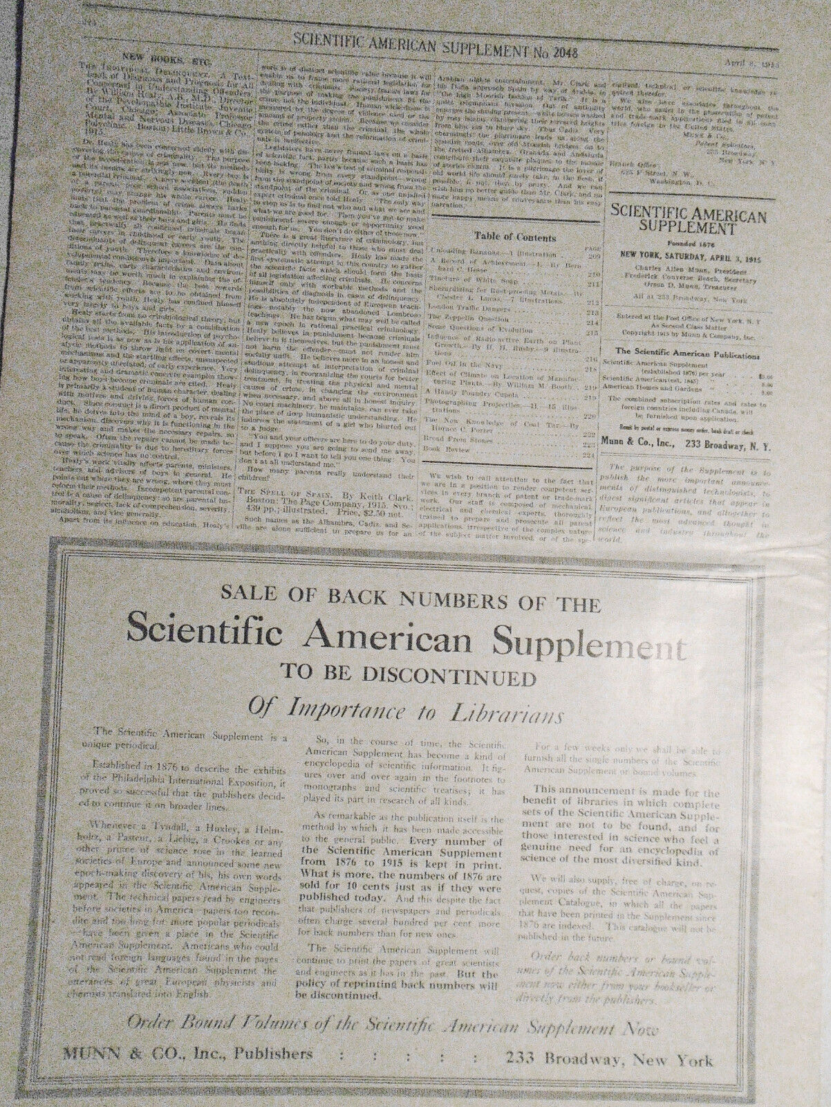 Scientific American Supplement April 3, 1915. Zeppelins; Projectile Photography