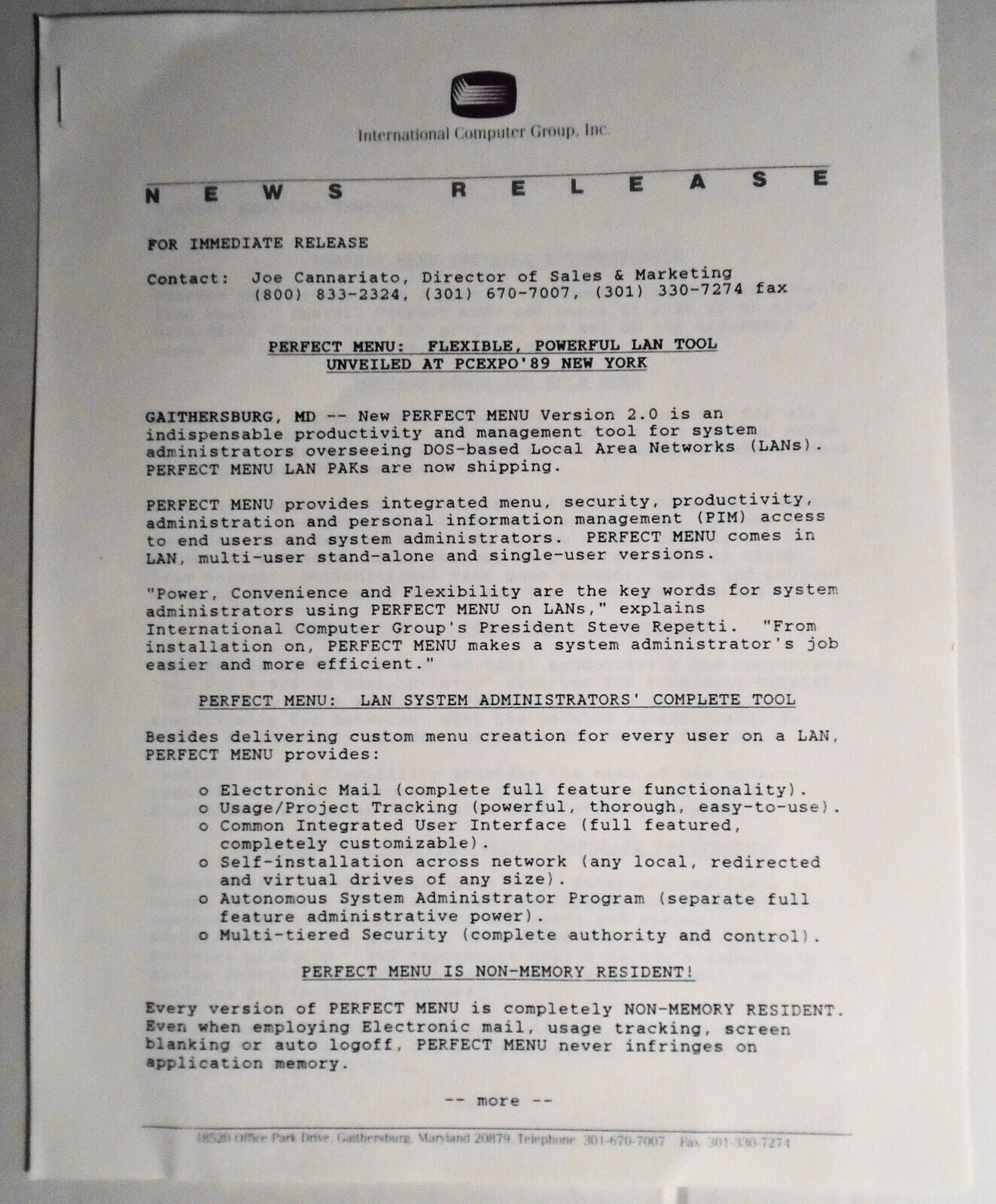 Perfect Menu - LAN Front-End Menu Program (with e-mail). IBM 5 1/4" Demo Program