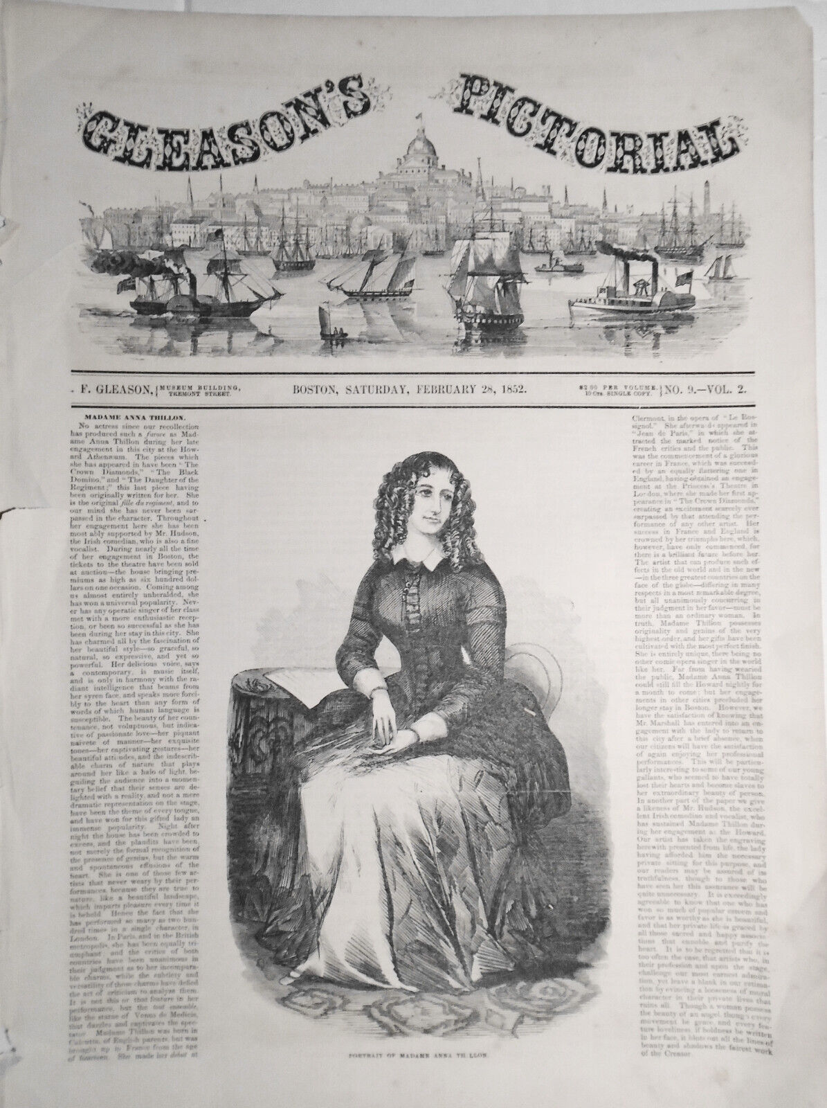 Madame Anna Thillon - Gleason's Pictorial,  February 28, 1852 - Original