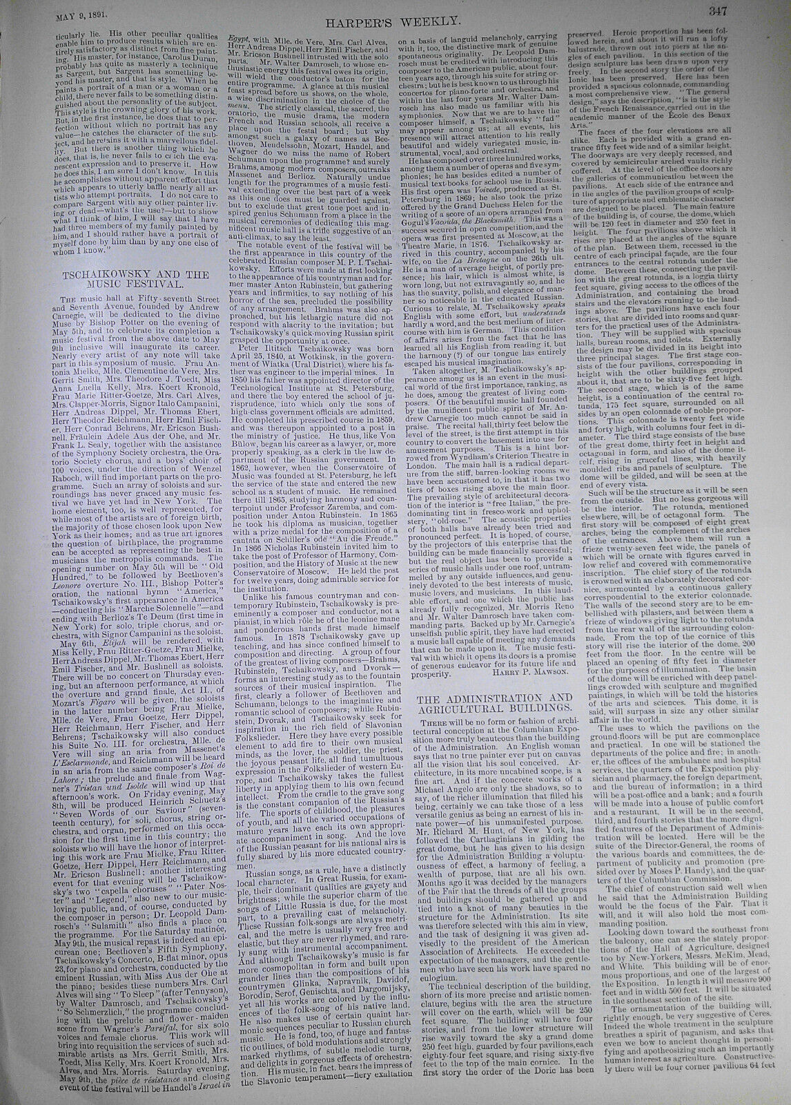 Harper's Weekly May 9, 1891. The Horse from ranch to market; Carnegie Hall; etc
