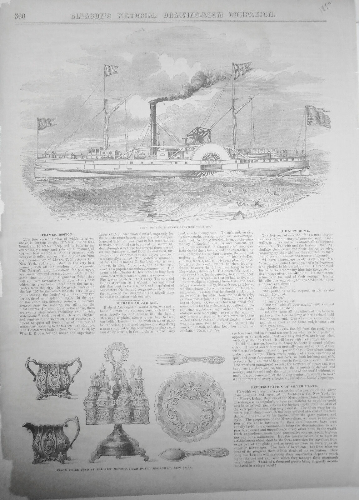 1852 The Eastern Steamer "Boston" - Story & print + Silver Plate - Gleason's