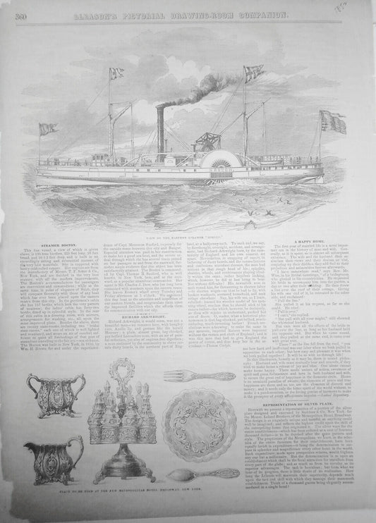 1852 The Eastern Steamer "Boston" - Story & print + Silver Plate - Gleason's