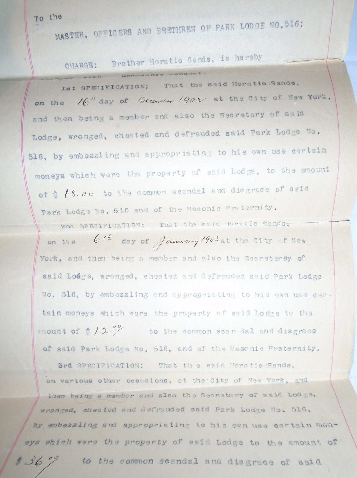 1904 Masonic archive, NYC - Trial & Expulsion of Secretary Sands for Fraud