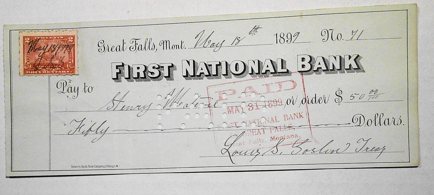 1899 Lot of 4 checks, First National Bank, Great Falls, MT - with revenue stamps