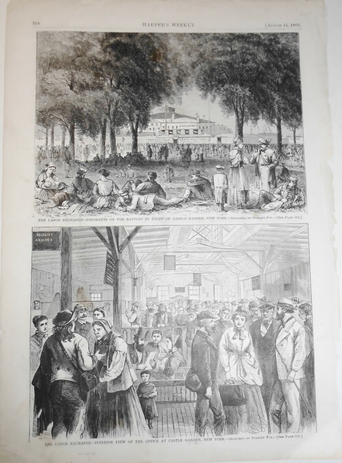 The Labor Exchange - Harper's Weekly - Aug. 15, 1868. 2 Prints - Emigrants...