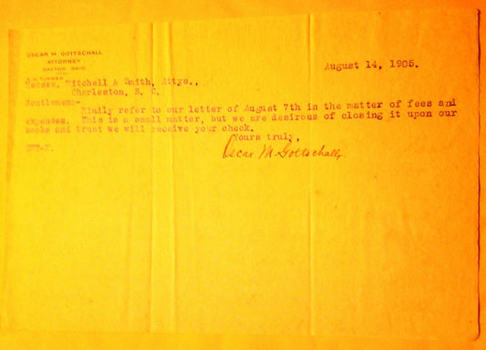 1905 Legal dunning letter from Oscar M. Gottschall, Attorney, Dayton, Ohio