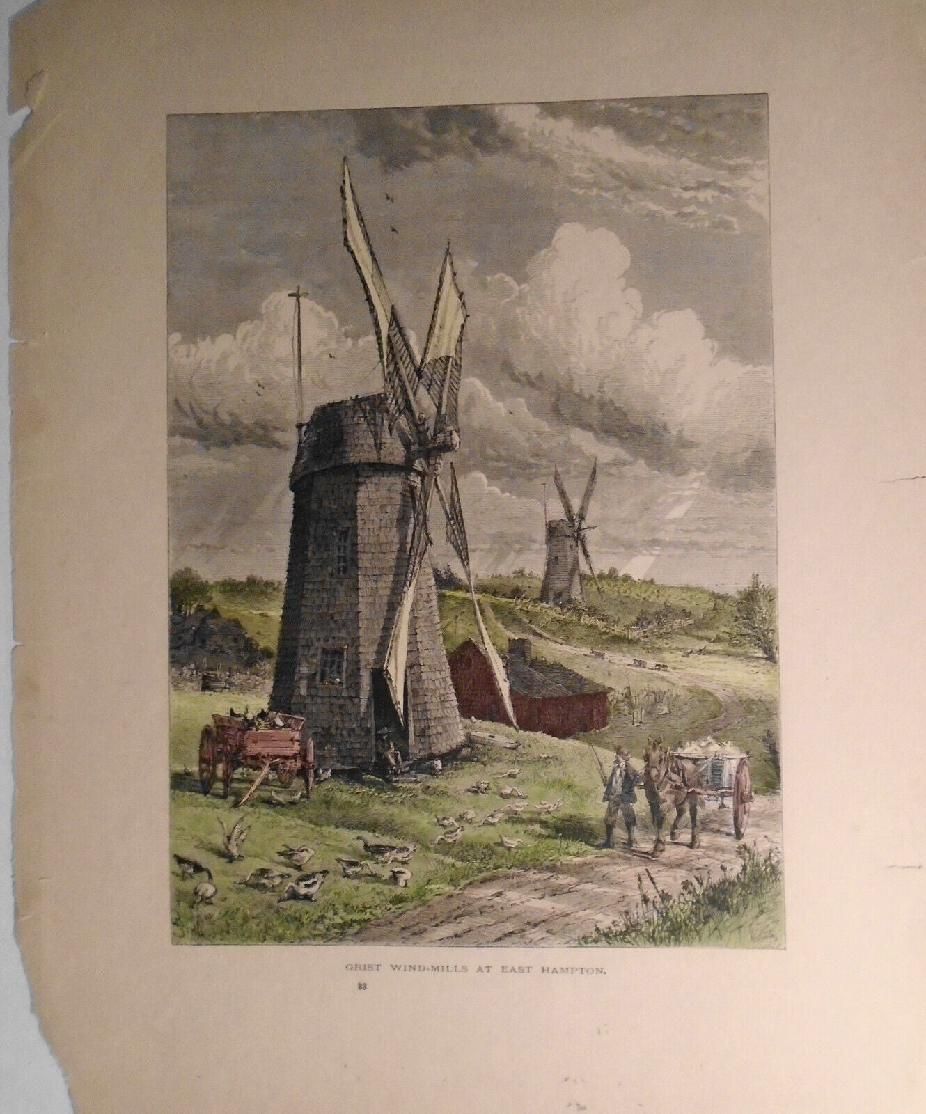 Grist Wind-Mills at East Hampton - Hand-colored - from Picturesque America 1872