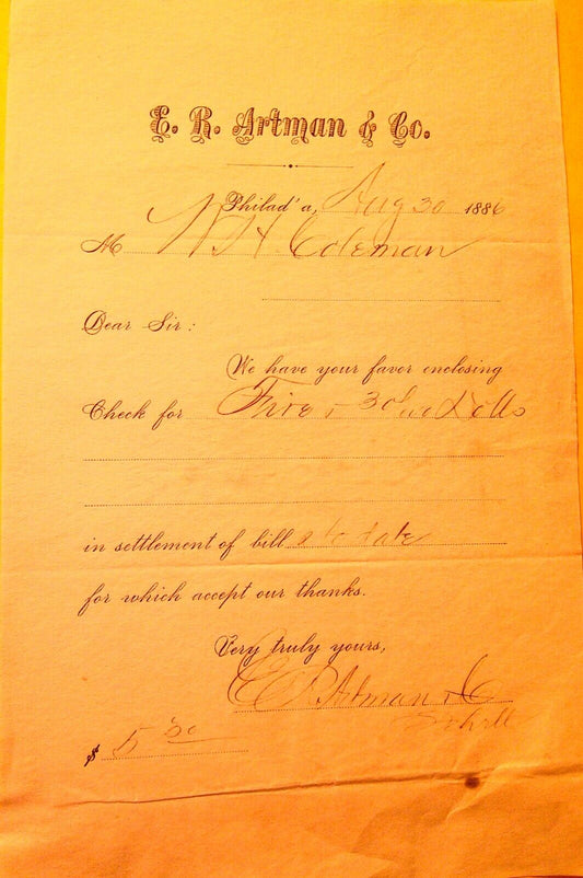 1886 E. R. Artman & Co., Phladelphia, PA  receipt