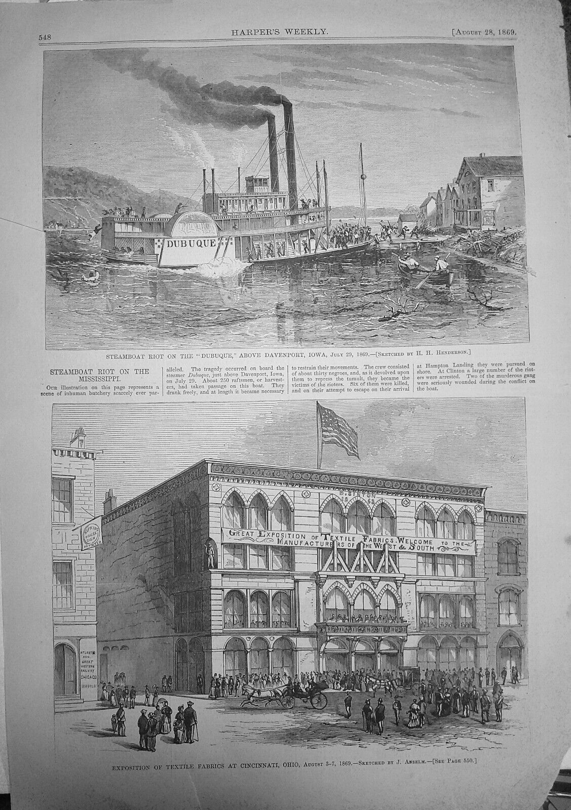 Dubuque Steamboat Riot on the Mississippi + Textile Expo, Cincinnati, H. W. 1869