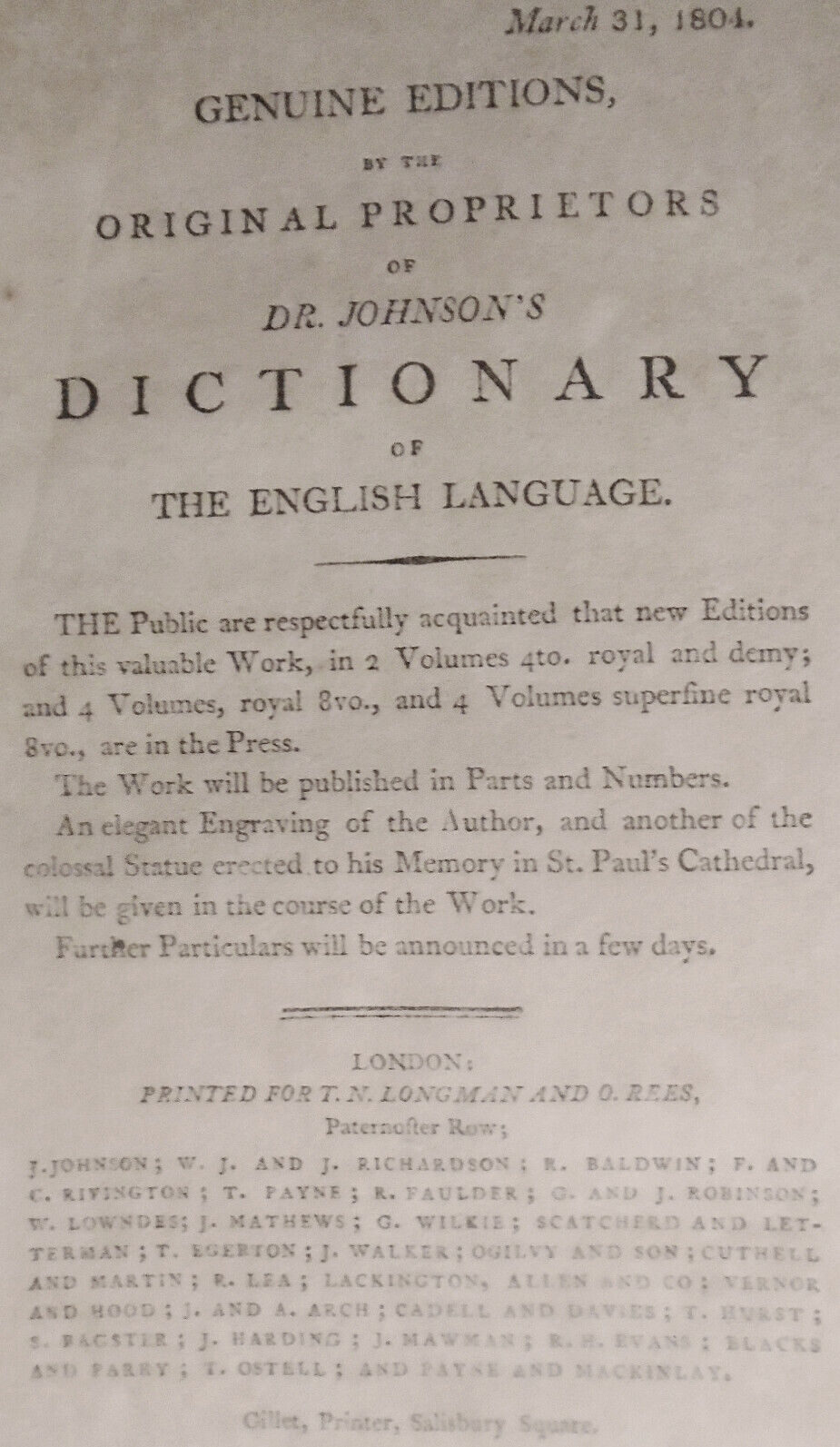 1804 Publisher's Prospectus for Dr. Johnson's Dictionary.