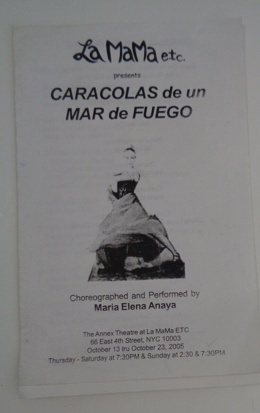 CARACOLAS DE UN MAR DE FUEGO - PROGRAM - OCT 13 - 23, 2005 LA MAMA E.T.C., NYC