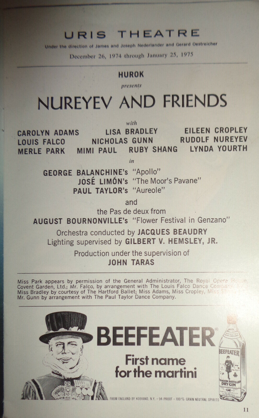 Nureyev & Friends - Playbill - December 1974. New York: Uris Theatre