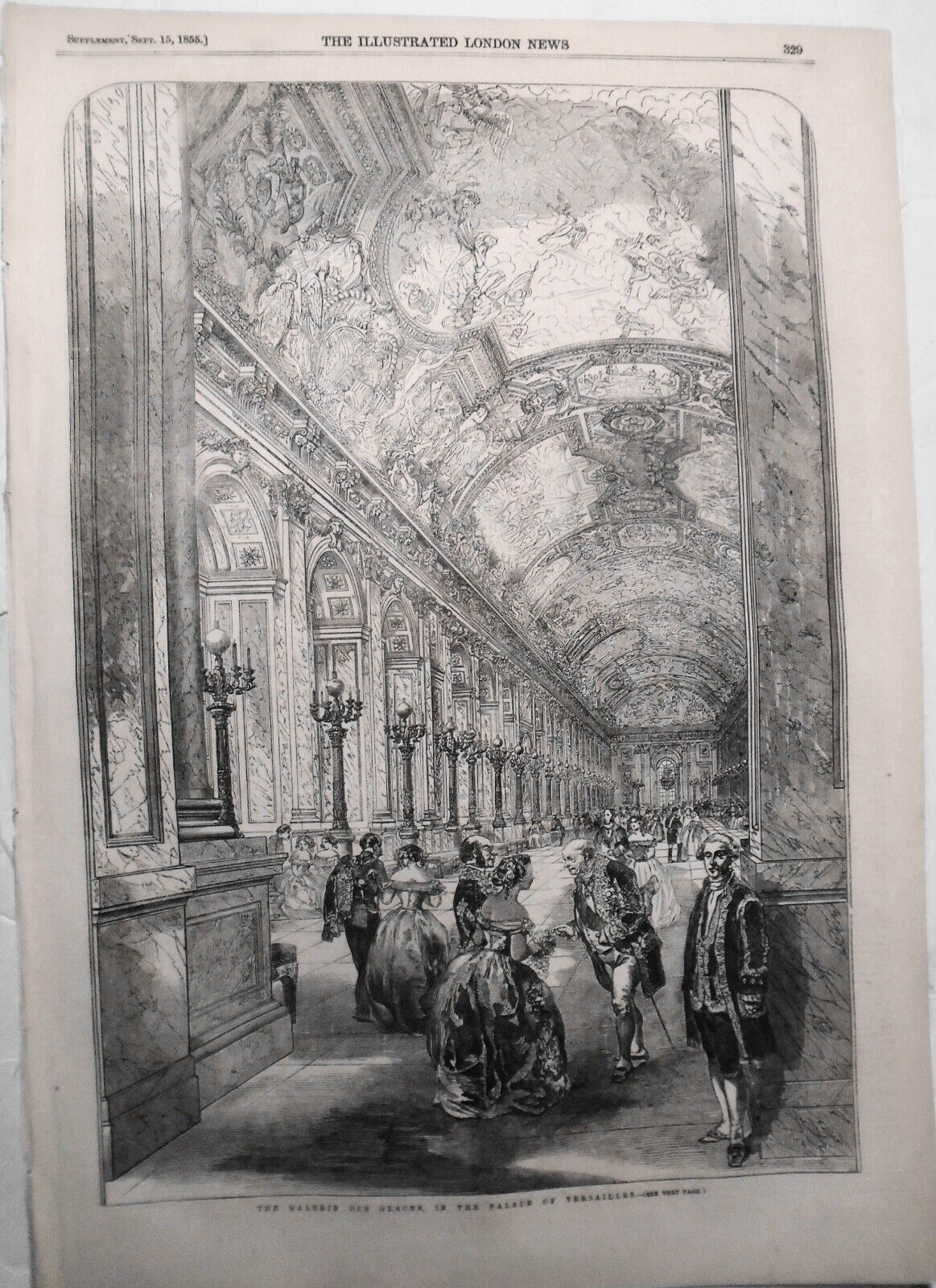 1855 The Galerie Des Glaces, in the Palace of Versailles. Original print.