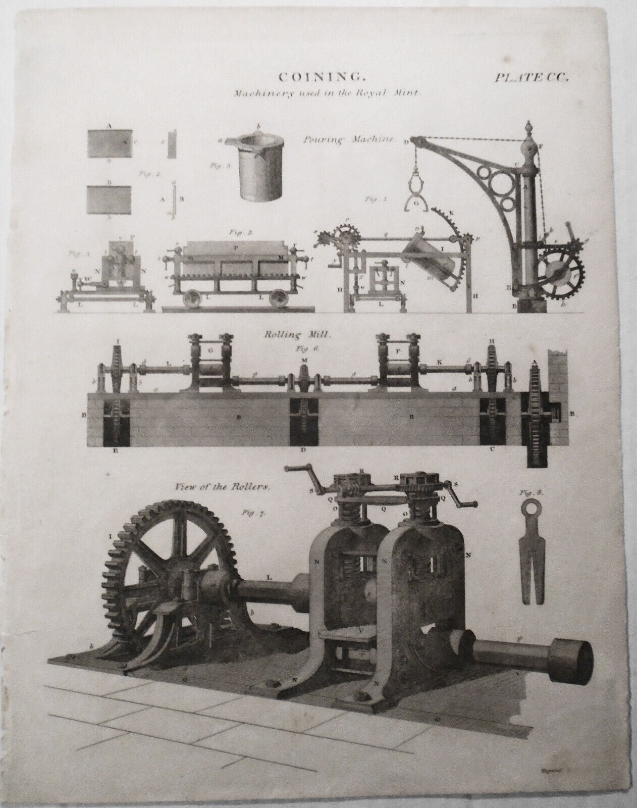 1832 Coining - Machinery used in the Royal Mint -  Drawn by J. Farey. Original.