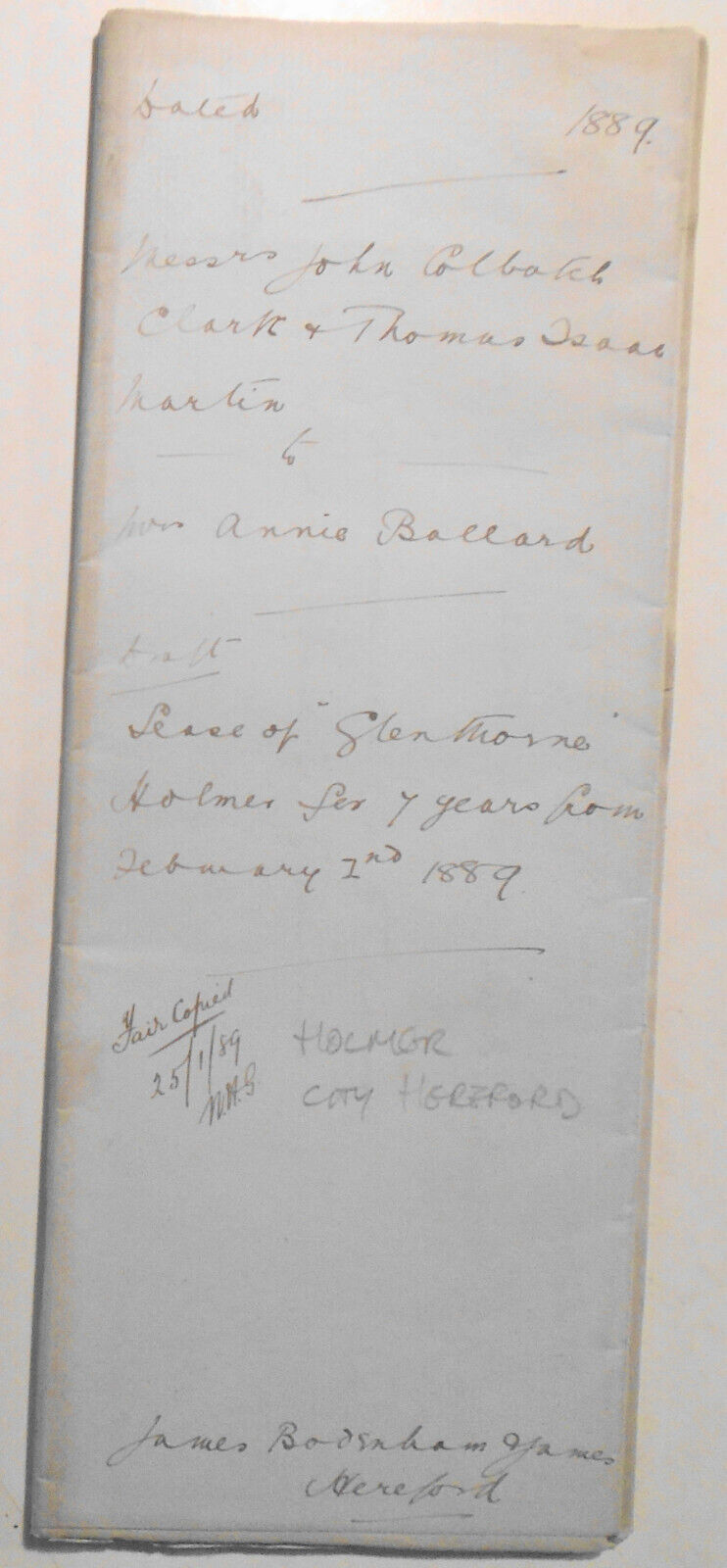 1889 Lease draft. Hereford, England. Clark and Martin to Mrs. Annie Ballard.