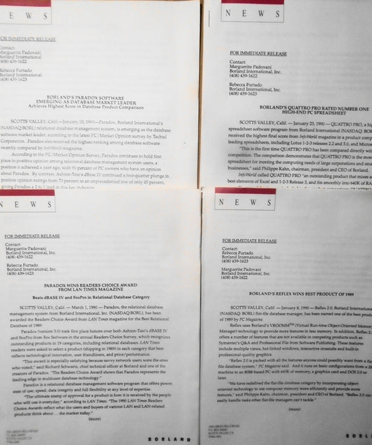 1990  Borland Paradox, Quattro Pro & Reflex win top awards. 4 press releases.