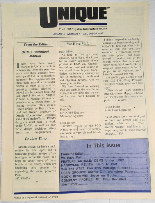 UNIQUE: The UNIX System Information Source  Dec. 1987 - DBMSs Under UNIX, etc.