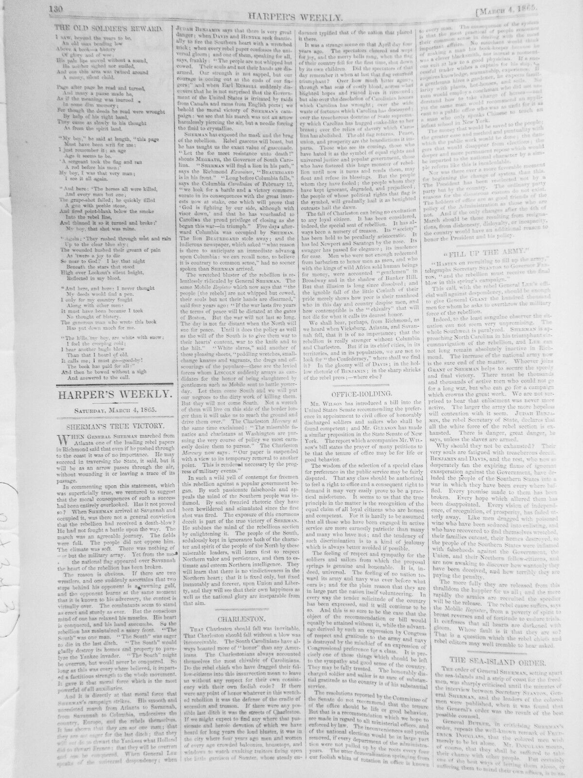 Sherman's march through South Carolina - Harper's Weekly 3/4/1865 Original issue