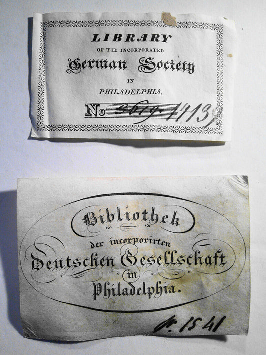 German Society in Philadelphia : 2 Ex Libris Bookplates - in English & German
