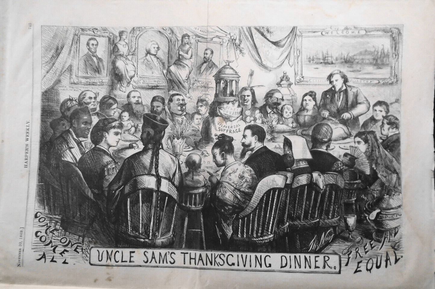 Harper's Weekly November 20, 1869 - Uncle Sam's Thanksgiving Dinner by Nast, etc