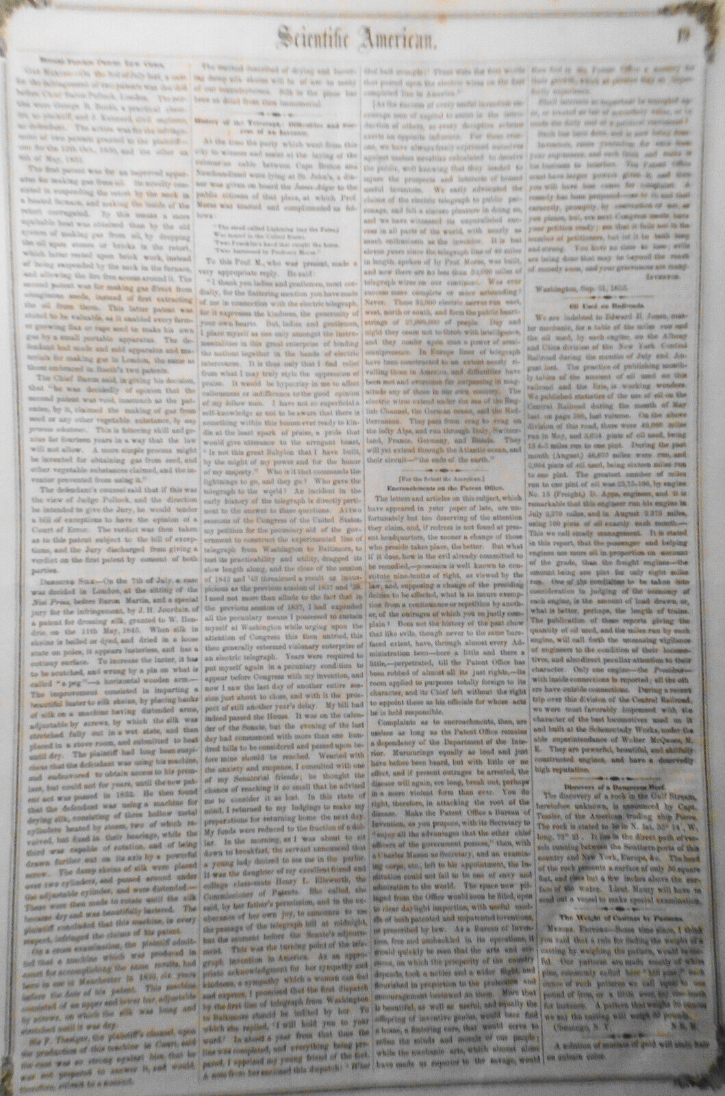 Scientific American September 29, 1855. Telegraph history; windlasses, windmills