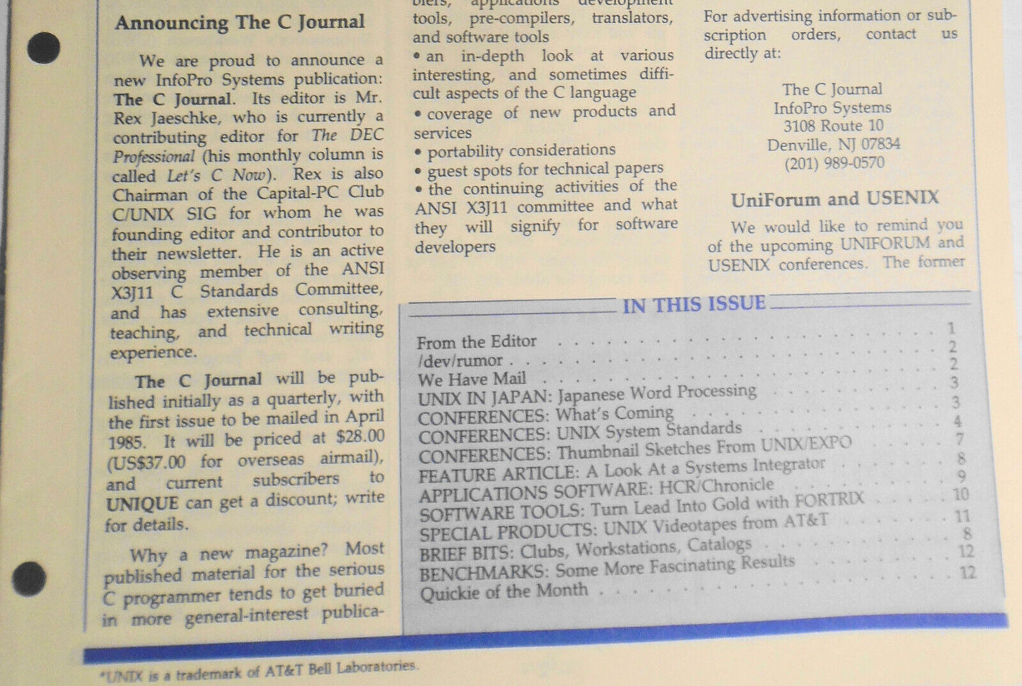 UNIQUE,  Vol. 3, No.  11, 1985 - The UNIX System Information Source