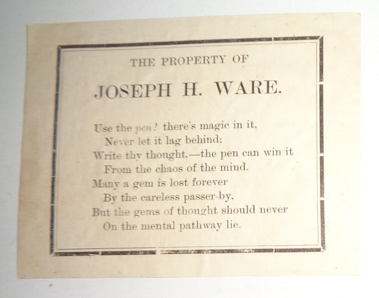 Joseph H. Ware text-only 1870s Ex Libris Bookplate