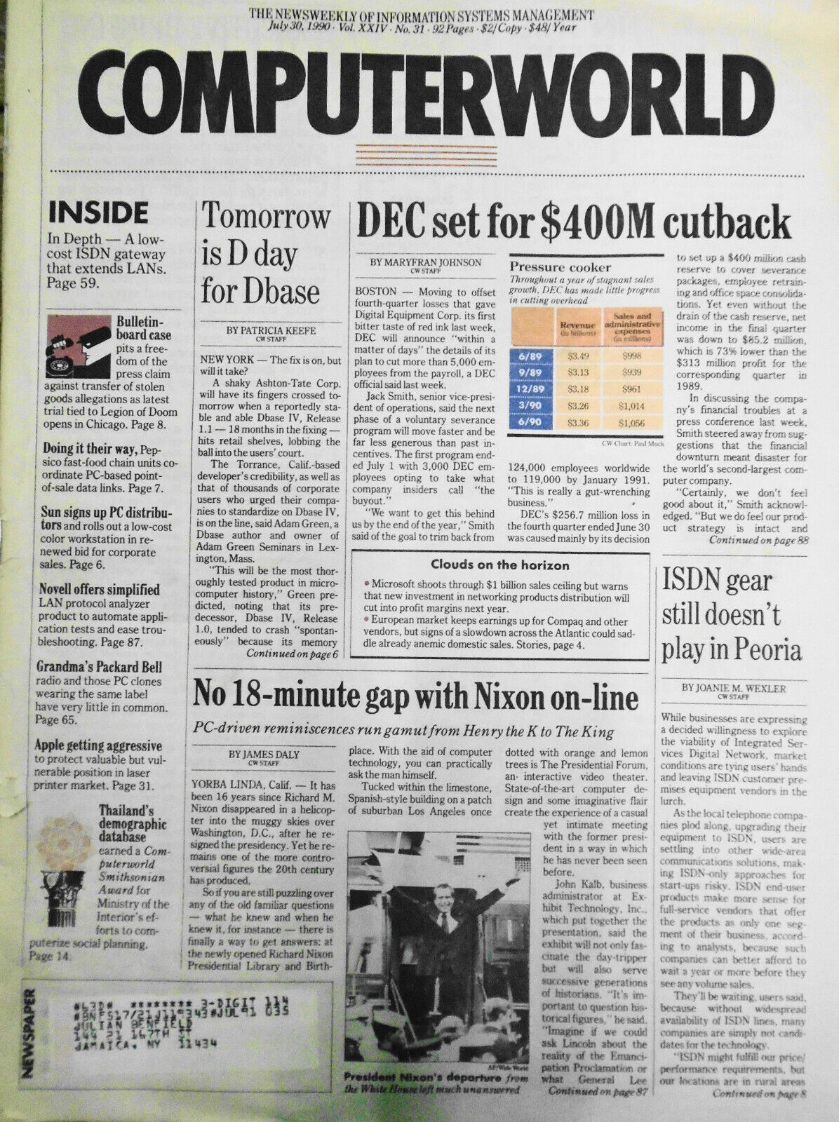 Computerworld Magazine, July 30, 1990 - DEC cutbacks, etc