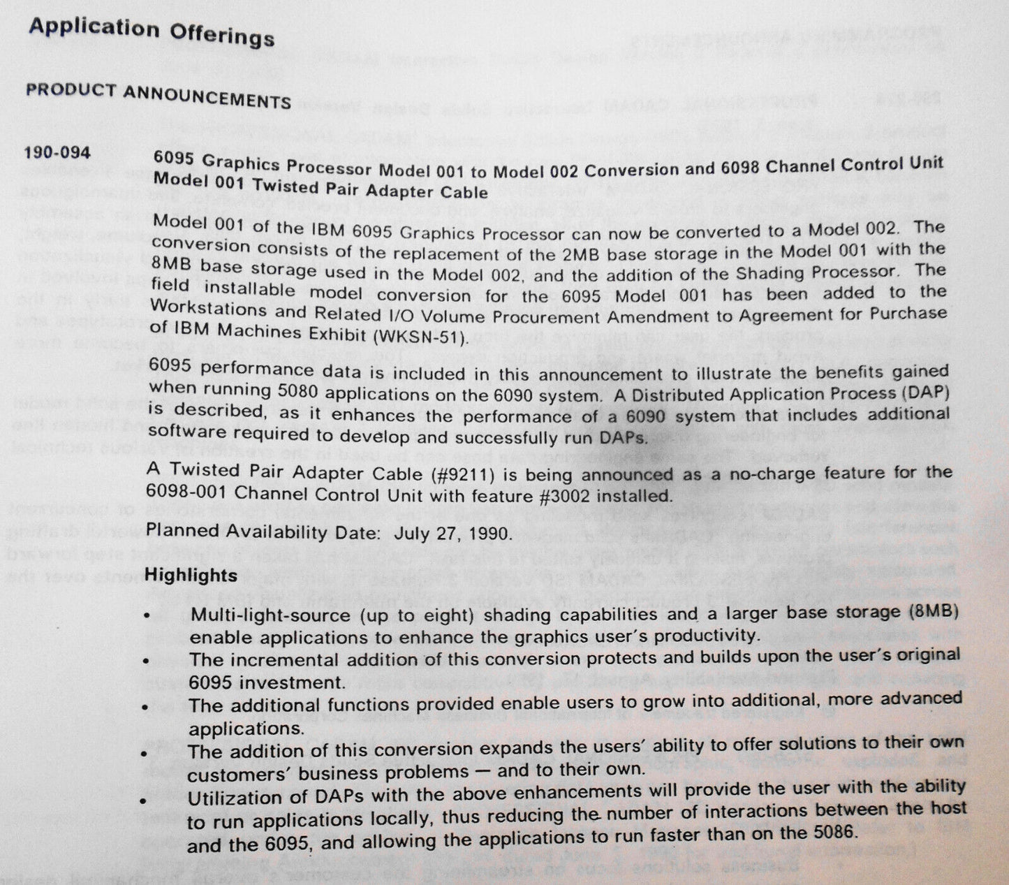 IBM Announcement Letter Summary, June 19, 1990 : System/370; AIX; Token-ring etc