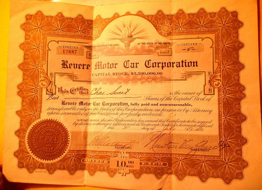 1920 Revere Motor Car Corporation Stock Certificate for 5 shares