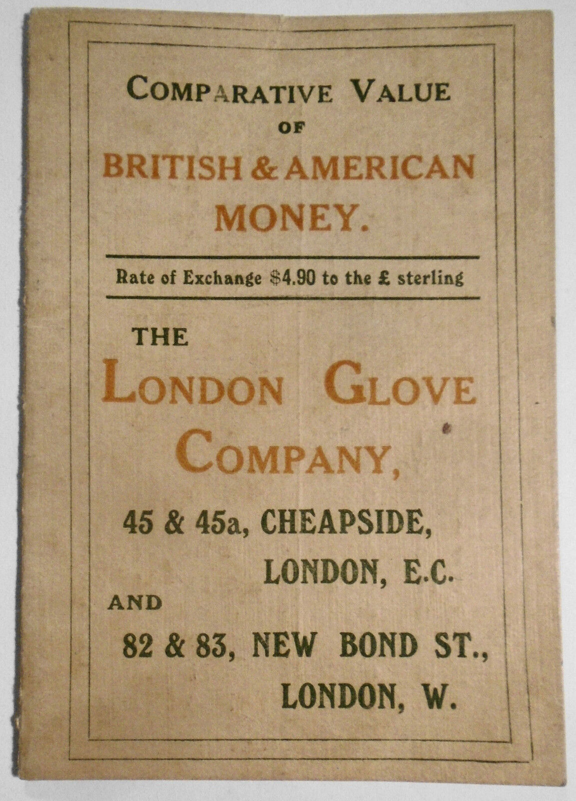 Comparative Value of British & American Money, by London Glove Company (ca 1900)