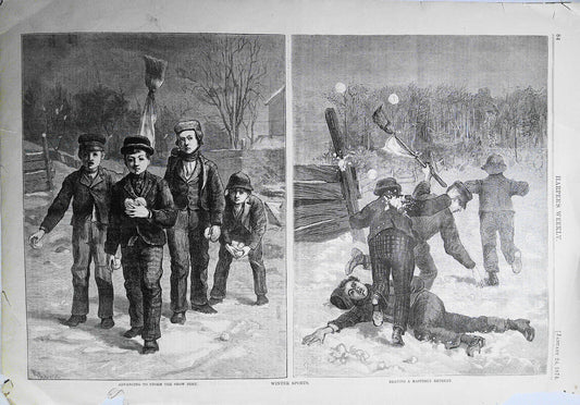 "Winter Sports" - a snowball fight. Harper's Weekly, January 24, 1874. Original