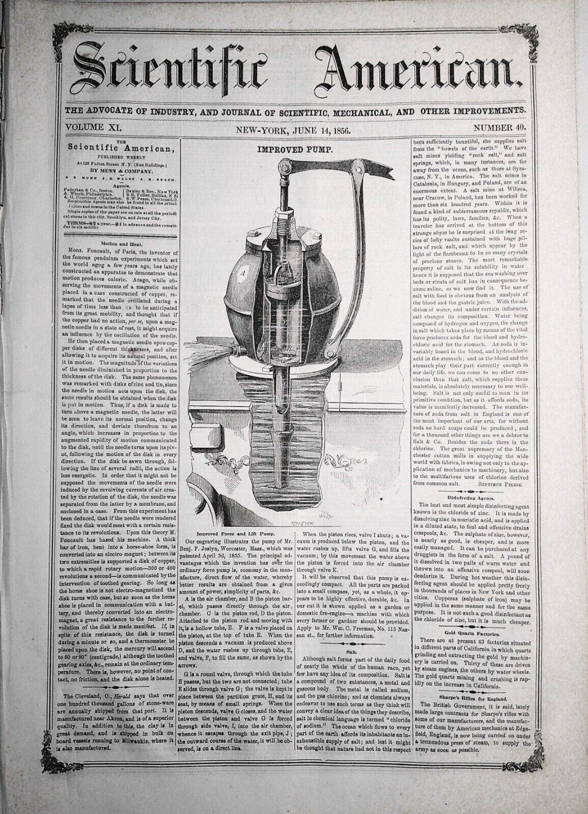Scientific American, June 14, 1856. Foucault - Motion and Heat; Ballooning, etc
