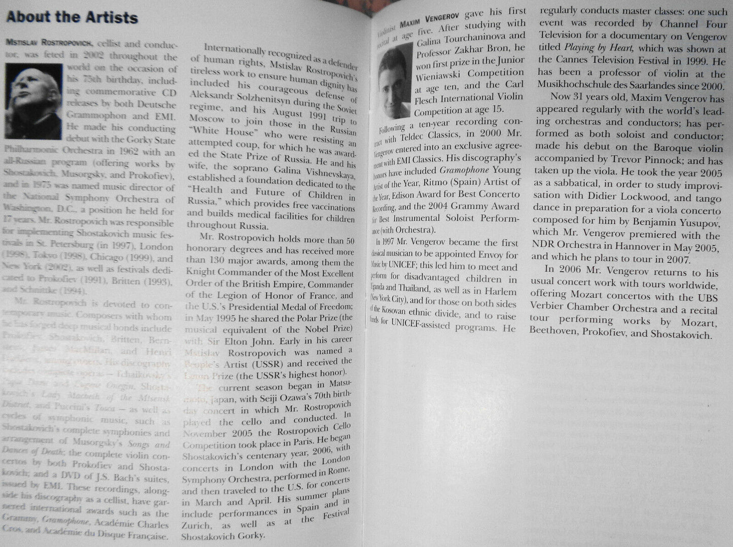 MSTISLAV ROSTROPOVICH, CONDUCTOR - NY PHILHARMONIC PLAYBILL, April 2006