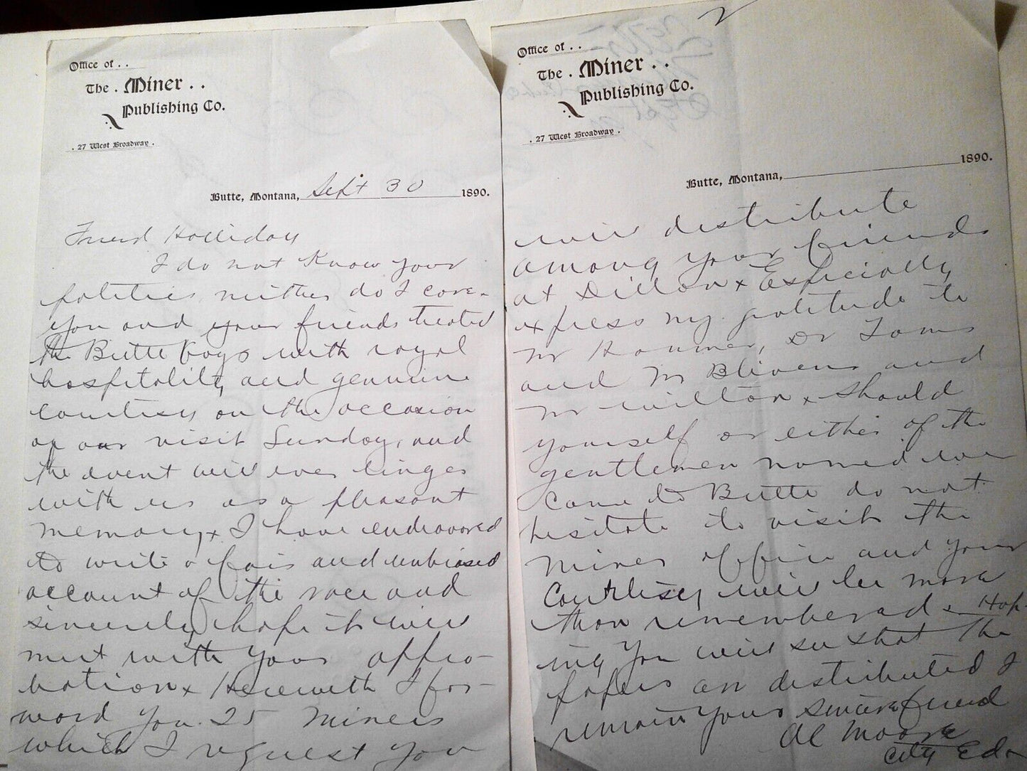 1890 Miner Publishing Co., Butte, MT - Letter by Al Moore, City Editor