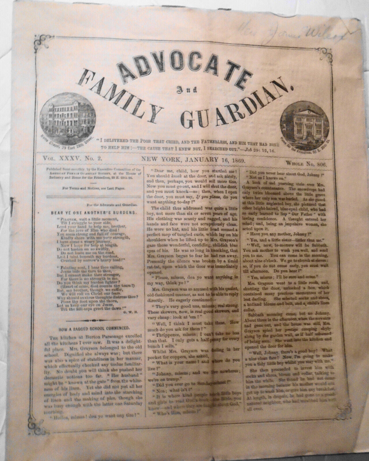 1869 Lot of 3 issues of  Advocate and Family Guardian