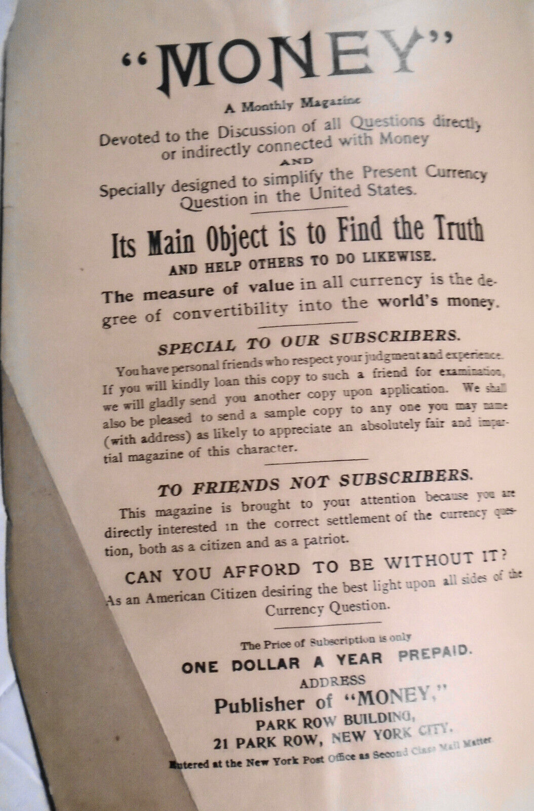 Money Magazine, June 1901. Greenbacks and Sub-Treasury vs. the Central Bank, etc