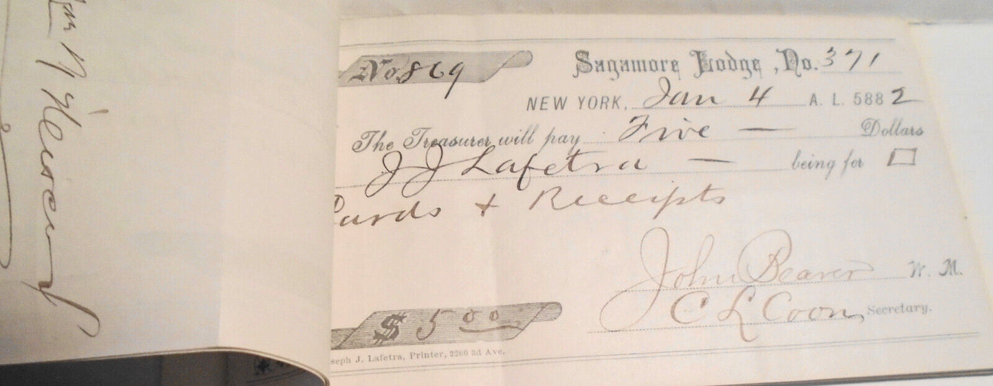 1882 Twenty-four original handwritten receipts - Masonic Sagamore Lodge New York