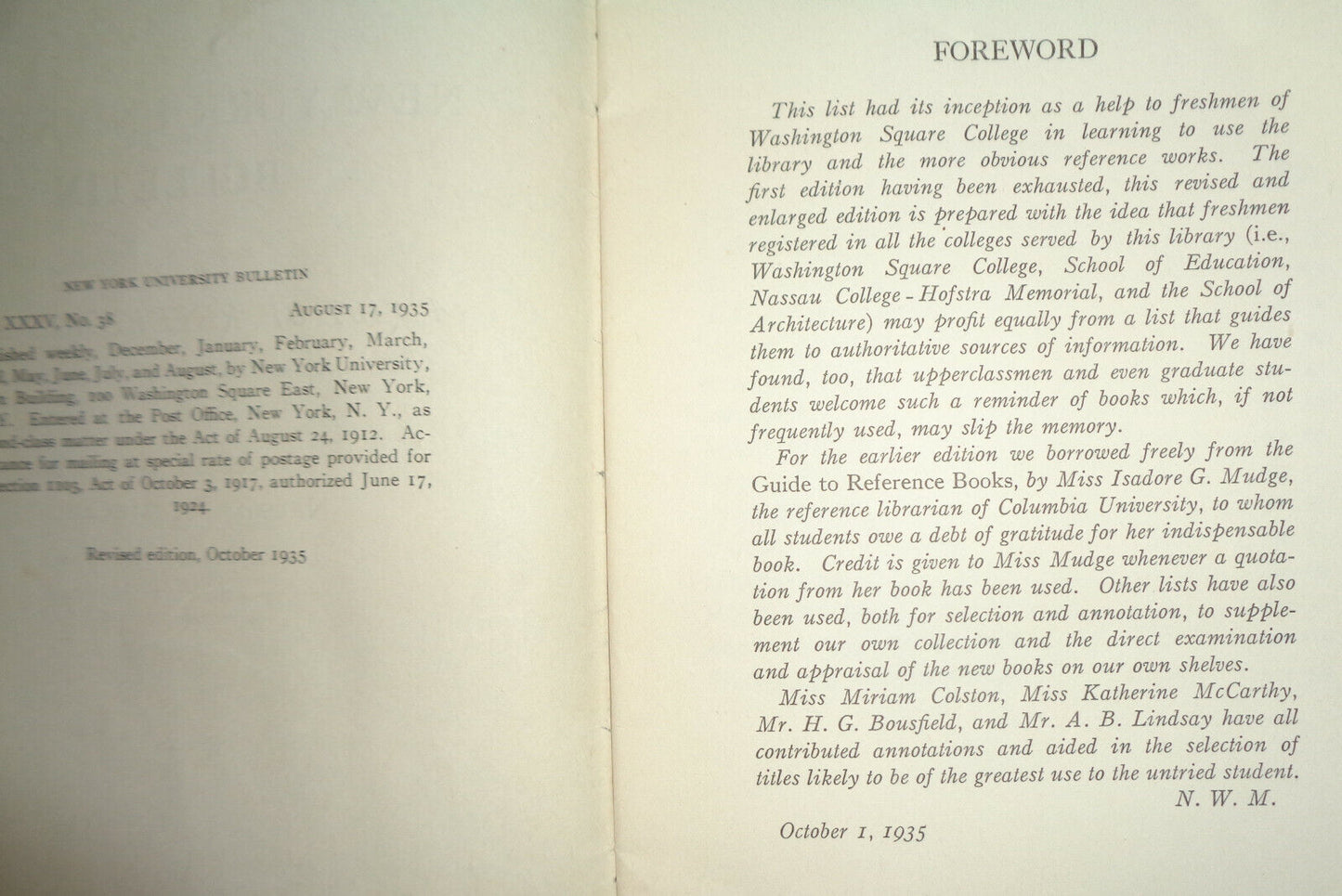 NEW YORK UNIVERSITY BULLETIN, AUGUST 1935 - LIST OF REFERENCE BOOKS FOR FRESHMEN