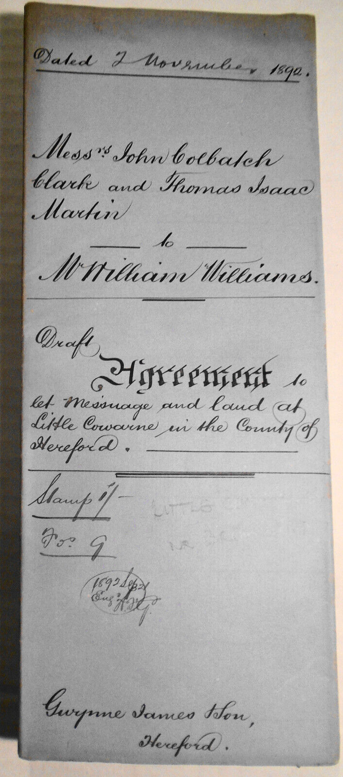 1892 Draft Lease. Hereford, England. Clark & Martin to William Williams.