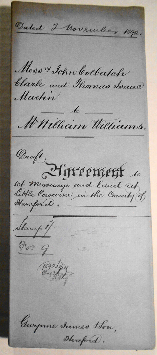 1892 Draft Lease. Hereford, England. Clark & Martin to William Williams.