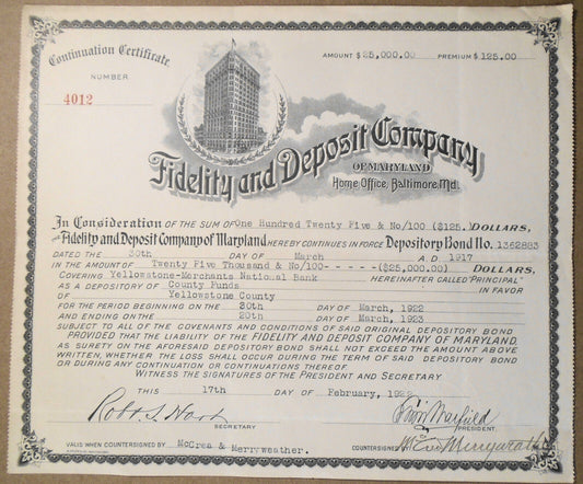 1917 Fidelity and Deposit Co of Maryland Bond Continuation Certificate