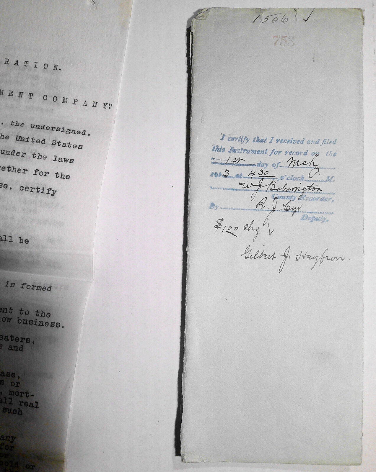 1913 "Missoula Amusement Company" Articles of Incorporation. Original documents.