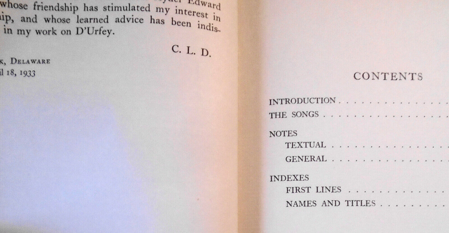 The Songs of Thomas D'Urfey, by Cyrus Lawrence Day. 1933 Hardcover. [Provenance]