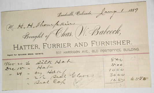 1889 Billhead receipt,  Chas. W. Babcock, Hatter, Furrier...  Leadville Colorado